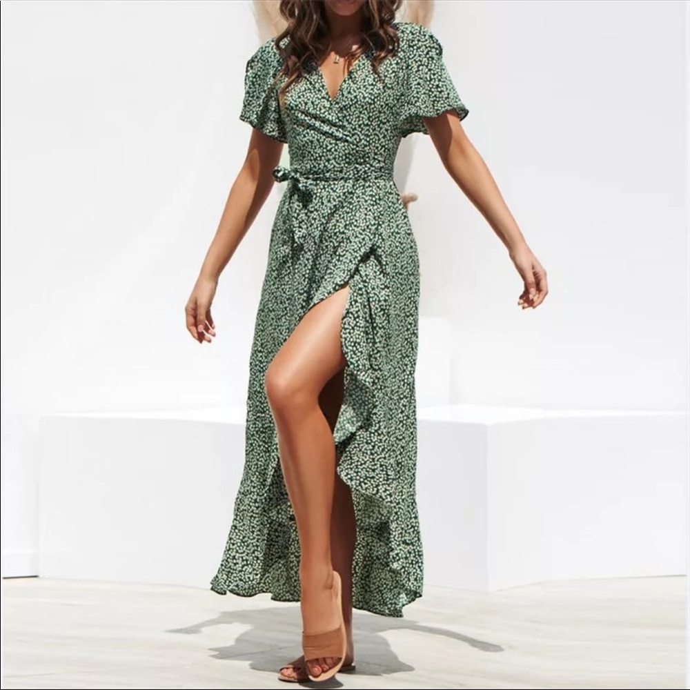 NWT Boho Green Floral V-Neck Ruffle Maxi Dress - Picture 11 of 13